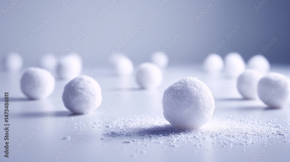 Fototapete close-up view of textured snow clusters arranged naturally against a bright white backdrop, highligh