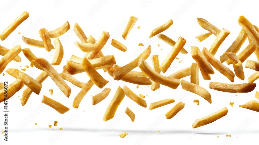 Poster golden fries are suspended in mid-air, illustrating their crispiness and shape against a clean white