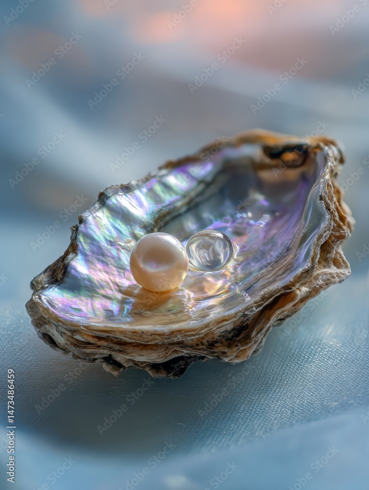 Aufkleber Open Oyster Shell Reveals Lustrous Pearl Surrounded by a Gentle Blur Effect Illuminated by Soft Top Light