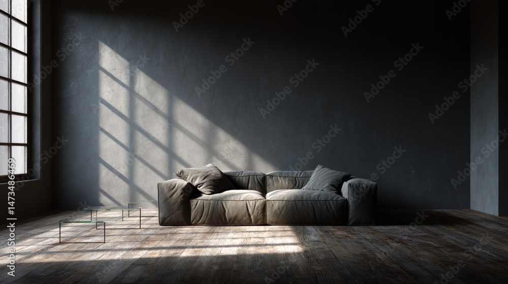 Poster gray modular sofa positioned on natural wood flooring with a clear glass table in front, illuminated