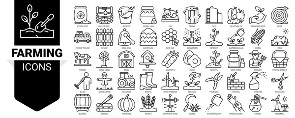 Obraz premium Farming icon set. Vector illustration concept with icon of fertilizer, water well, pig, vegetables, growing seed, farmer, wind turbine, irrigation and more. Outline icons vector symbol background