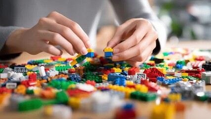 Woman assembling colorful interlocking plastic bricks on a wooden table, engaging in a creative and playful activity, possibly in a home or office setting