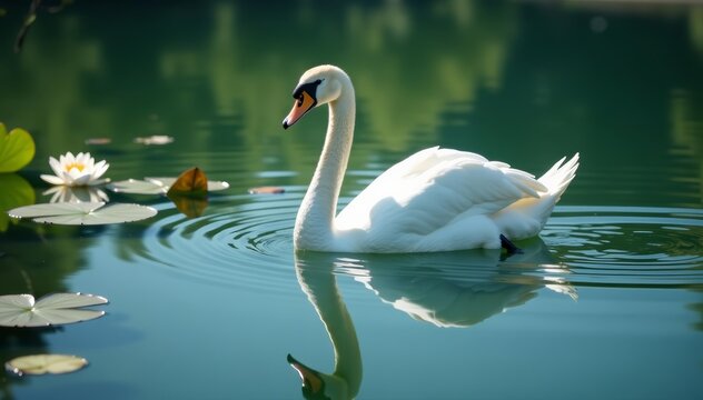 Tranquil white swan gracefully gliding on calm lake with water lilies, graceful, wildlife