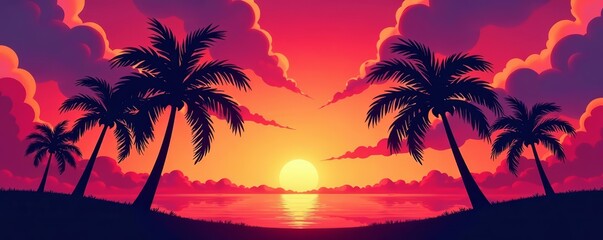 Tropical palm tree silhouettes against colorful sunset sky backdrop, sunset, exotic