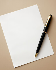 A white sheet of paper on the table with a black fountain pen next to it, top view, flat lay.