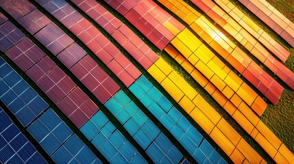 A vibrant aerial view of multicolored solar panels reflecting sunlight.