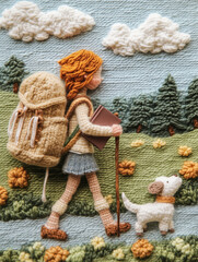 a woolen young girl carrying a large backpack, carrying a book and a hiking stick, and walking on the road with a cute dog, against a backdrop of a hand-knit landscape that includes grass, trees and s
