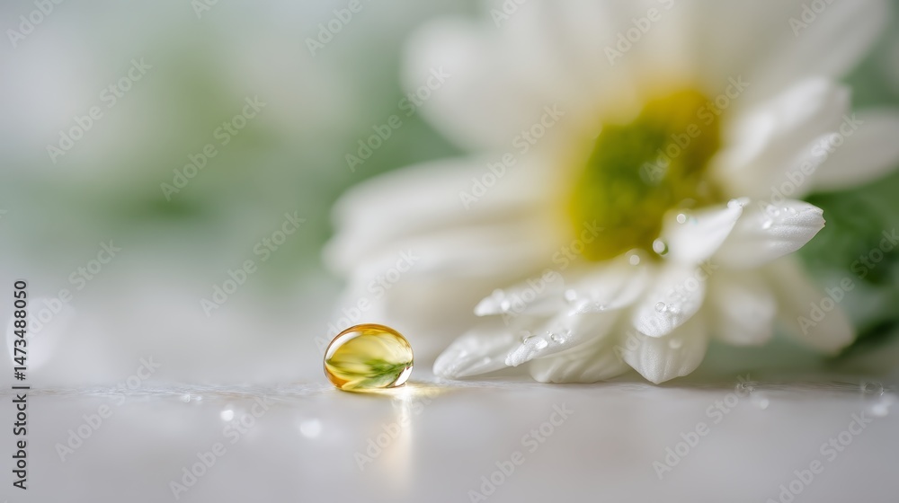 Poster glistening droplet sits gently on a white wildflower petal, complemented by a soft bokeh background 