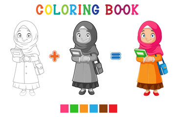 Cartoon of little girl wearing hijab in coloring book style