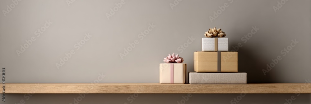 Aufkleber stack of colorful presents decorates minimal shelf against a neutral wall with ample empty space abo