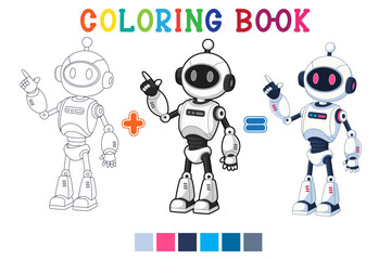 Cute white robot cartoon pointing at something in coloring book style