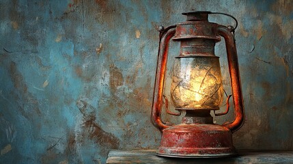 Vintage metal kerosene oil lamp decoration with glass and flame on old wall