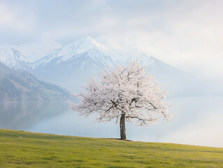 Cherry Blossom Tree with Mountain Lake.