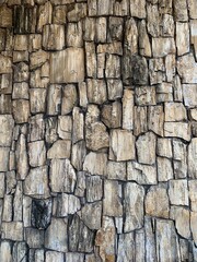 An abstract view of a stone wall, highlighting the unique shapes, textures, and color variations within the natural stone material. The irregular arrangement creates a dynamic and organic pattern.