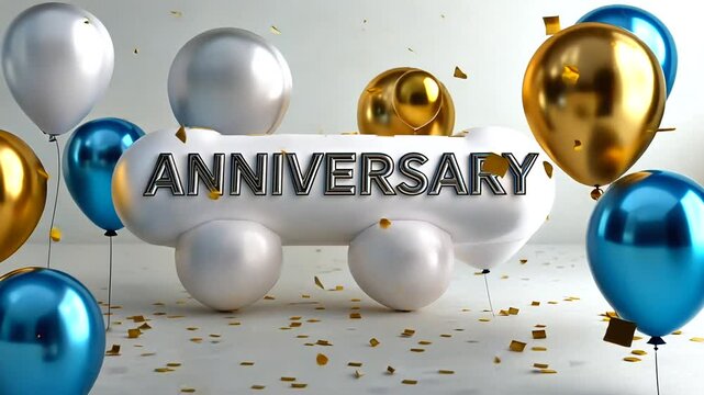 Colorful anniversary celebration with balloons and confetti
