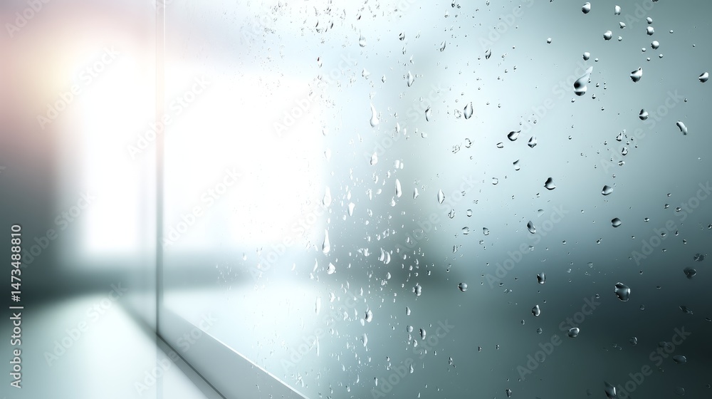 Poster Water droplets cling to a frosted windowpane as gentle sunlight streams through, creating a peaceful and ethereal atmosphere with ample copy space