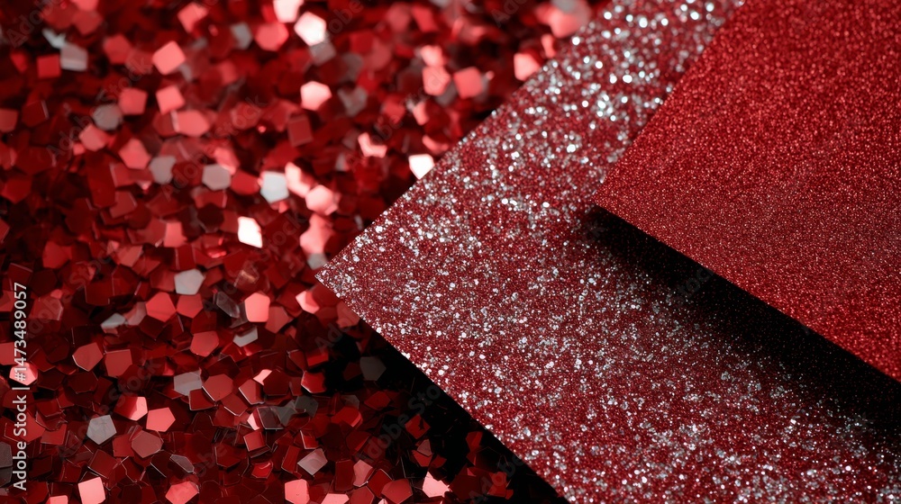 Aufkleber this close-up view showcases shiny red glitter paper with sparkling flecks, featuring a textured sur