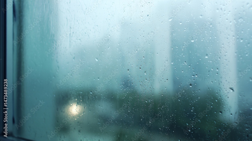 Poster close-up view of raindrops on a fogged glass pane, with blurred light in the background creating a s