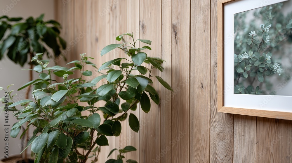 Poster a modern photo frame mockup rests against a textured pine wall, softly illuminated by daylight while