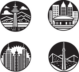 Obraz premium Silhouette illustration of a cityscape with skyscrapers and buildings. A simple yet stylish design for creative and professional use.