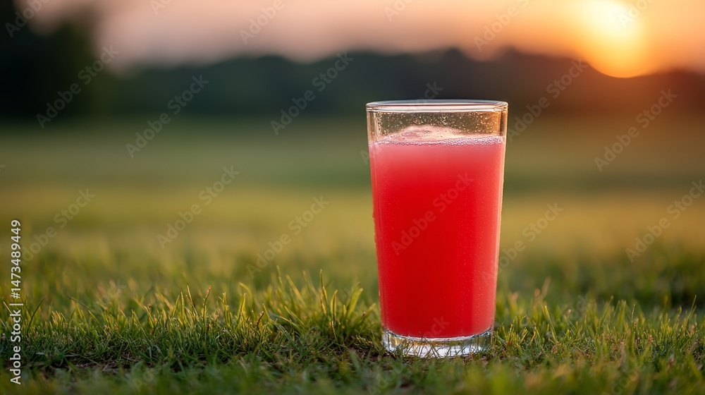 Aufkleber a glass filled with chilled grapefruit juice stands on vibrant green grass, illuminated by golden ba