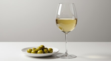 Glass of white wine with a small plate of green olives on table.