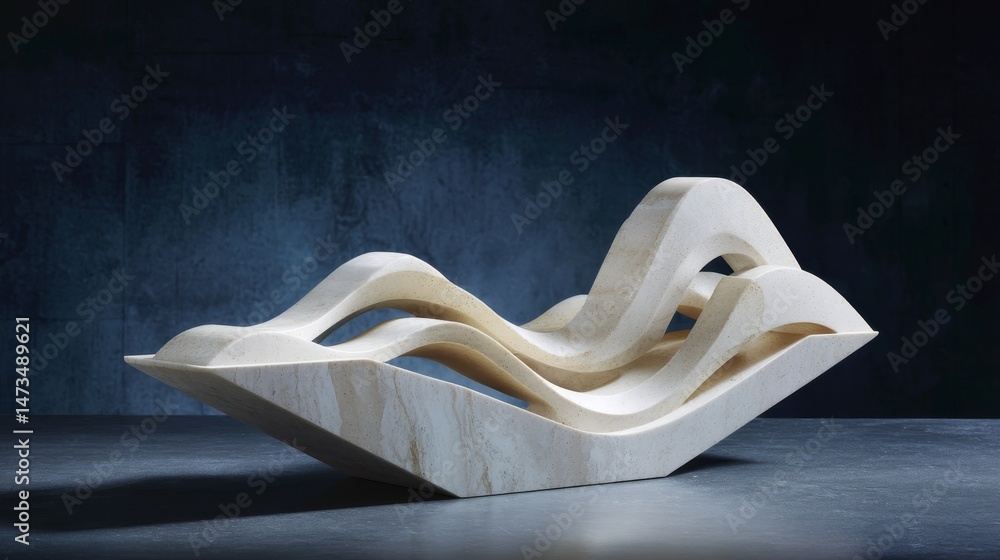 Poster a polished white marble sculpture with elegant wave patterns is softly lit to enhance its curves, se