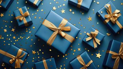 
An elegant composition of gift boxes wrapped in deep blue paper with shiny gold ribbons arranged on a rich blue background. The scene includes gold star decorations and scattered gold confetti, enhan