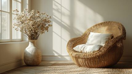 Fototapeta premium A blank, off-white canvas wall serves as the backdrop for an airy boho room, where a woven wicker armchair and a vase filled with dried flowers add warmth and texture. Sunlight streams in through 