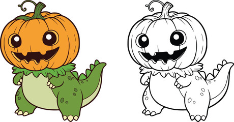 Obraz premium Playful cartoon dinosaur character with a pumpkin head, shown in full color and black-and-white line art versions