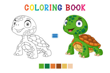 Cartoon little turtle on white background in coloring book style