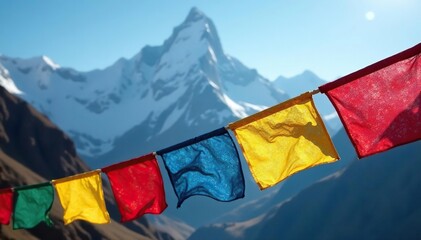 Vibrant prayer flags fluttering in the wind against a majestic mountain backdrop , tibet, landscape