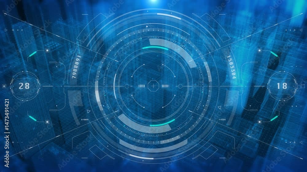 Poster Technology HUD Screen Visual Data Tracker Aerial View Fly Through Over Blue Digital Building Processing System 4K Motion.