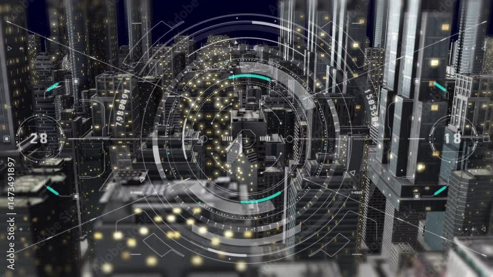 Poster HUD Technology Monitoring Aerial View Screen System. Drone Data Analysis Fly Through 3D Building In Night Time 4K Motion.