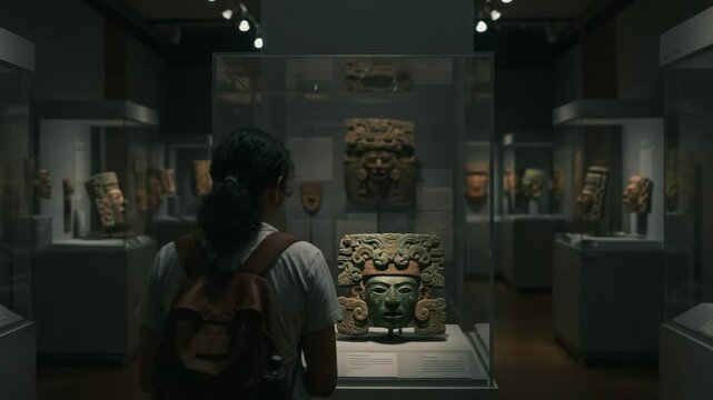 A Young Male Museum Visitor Observes an Ancient Mesoamerican Sculpture at a Cultural History Exhibit in a Dimly Lit Gallery Setting