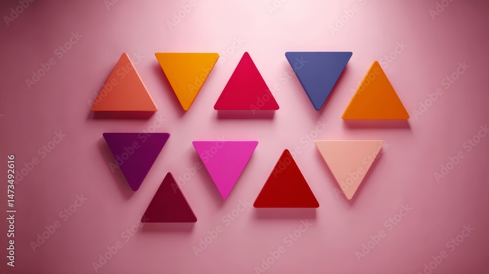 Fototapete Colorful triangular shapes in warm tones are arranged neatly in a grid pattern against a soft pink backdrop, highlighting geometric creativity and structure