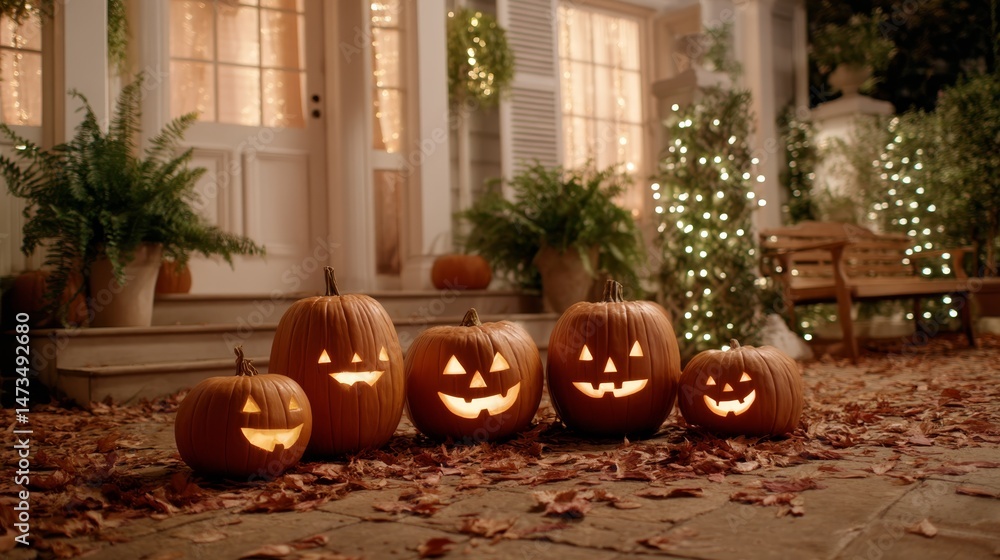 Poster glowing jack-o-lanterns are arranged on a stone pathway surrounded by fallen leaves, creating a warm