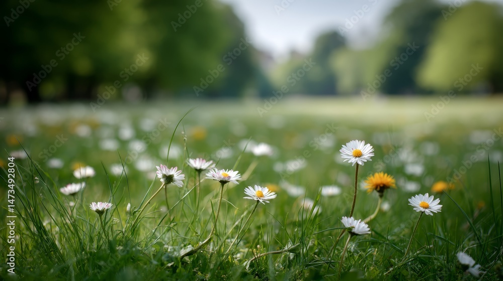 Aufkleber a colorful meadow in spring showcases blooming daisies and dandelions, illuminated by gentle sunligh