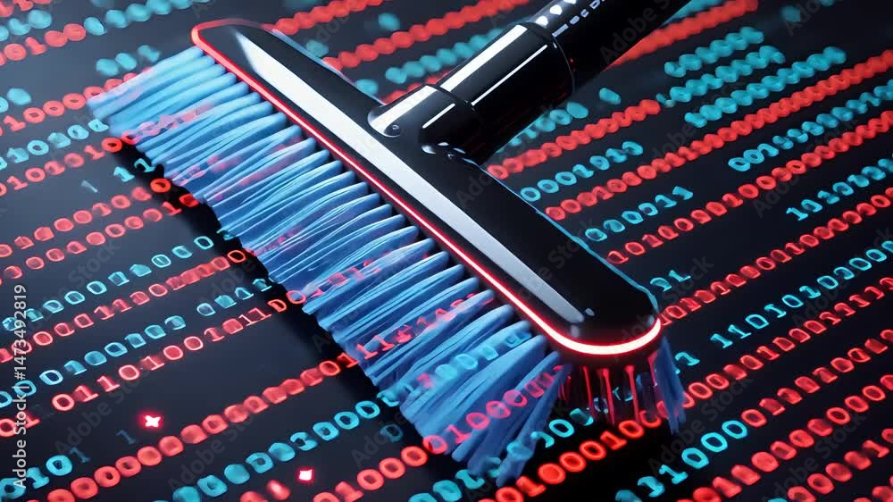 Poster futuristic blue broom sweeping digital binary code on black background with red and green numbers, h