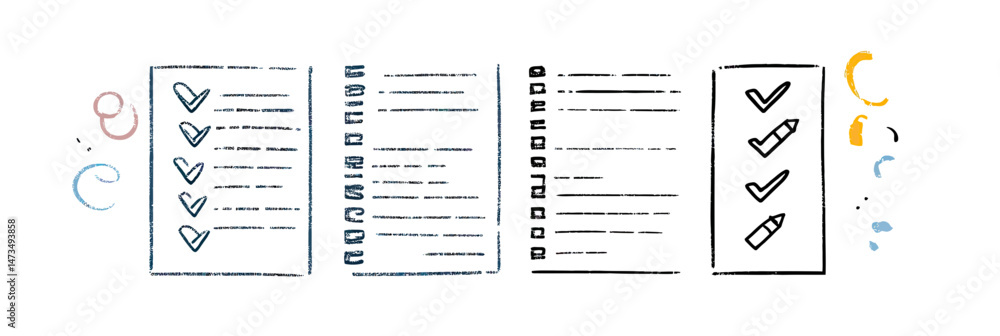 Poster hand drawn sketch checklist planner with multiple bullet list papers, notebook style task organizer 