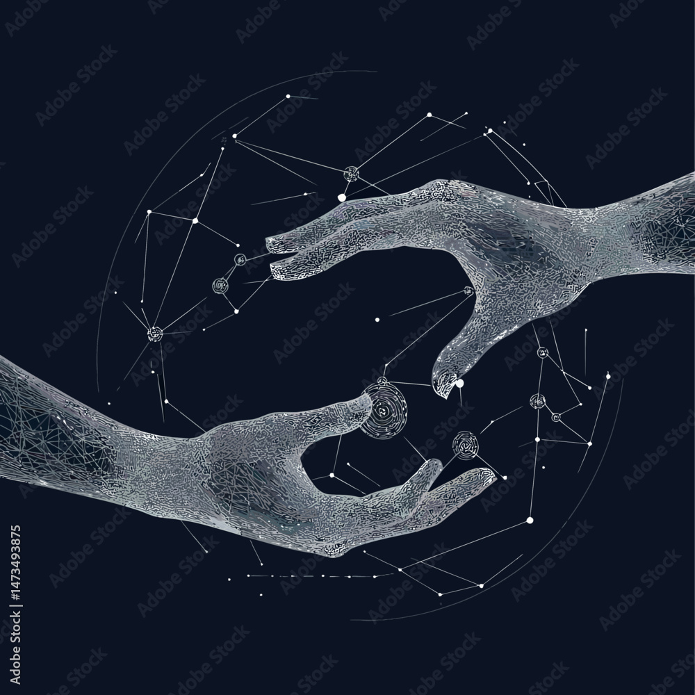 Poster digital wireframe hands exchanging network nodes with global data connections in abstract polygonal 
