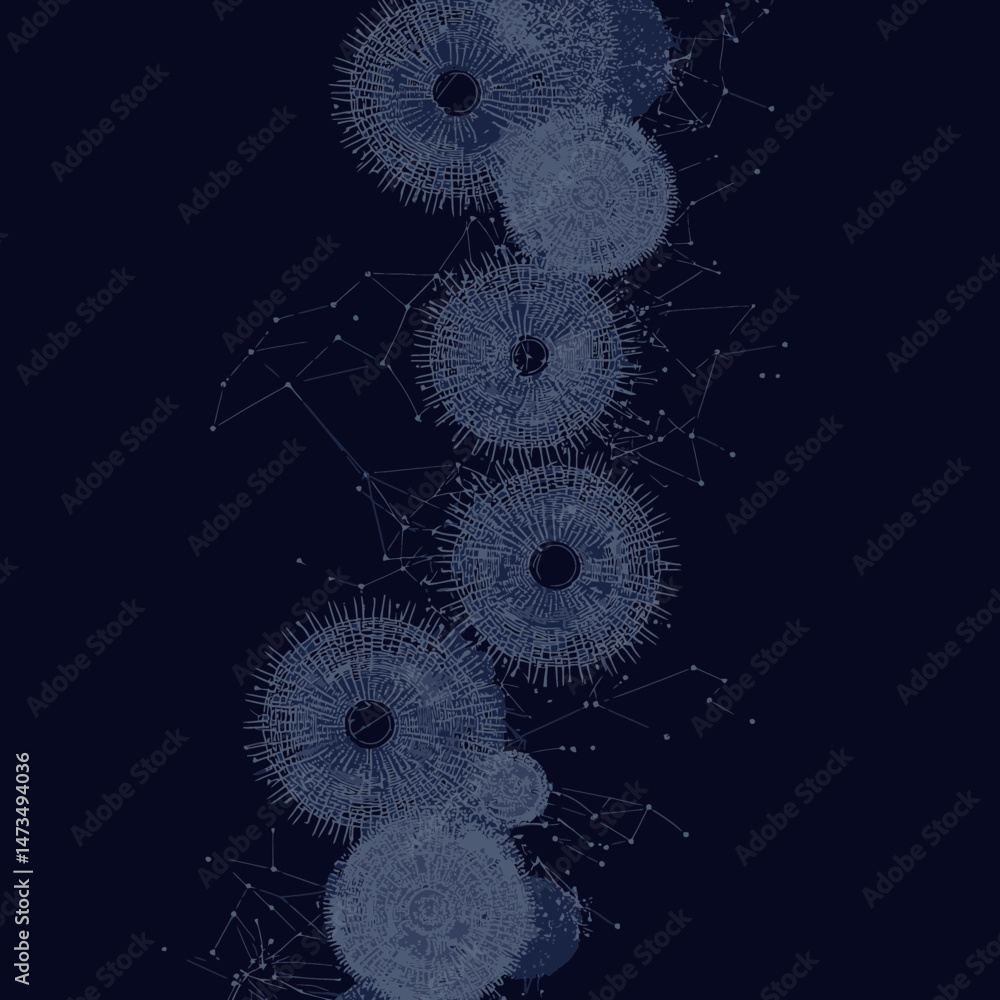 Poster abstract digital wireframe interconnected gear wheels and cogwheels in blue network mesh with nodes 