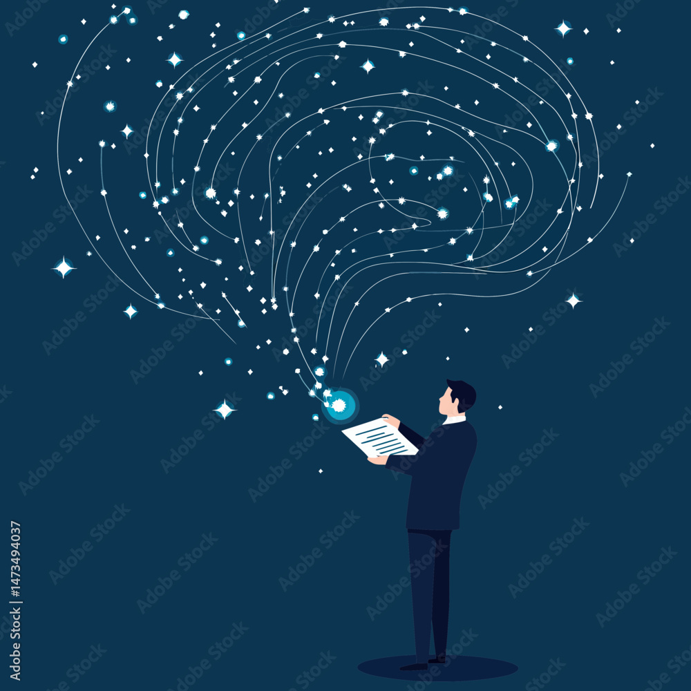 Poster businessman holding document with abstract data visualization made of glowing points and lines again