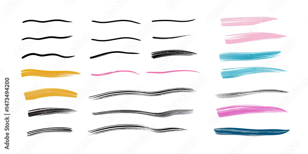 Poster set of colorful hand-drawn brush stroke underline design elements with wavy lines and textured accen