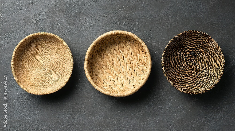 Poster three round handmade baskets arranged in a horizontal row.