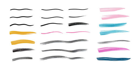 Set of colorful hand-drawn brush stroke underline design elements with wavy lines and textured accents for highlighting text or illustration emphasis in vector format