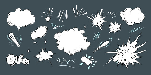 Set of comic cartoon effect smoke clouds, bursts, explosions, bursts, speed lines, splash doodles hand drawn vector illustration in black white outline style