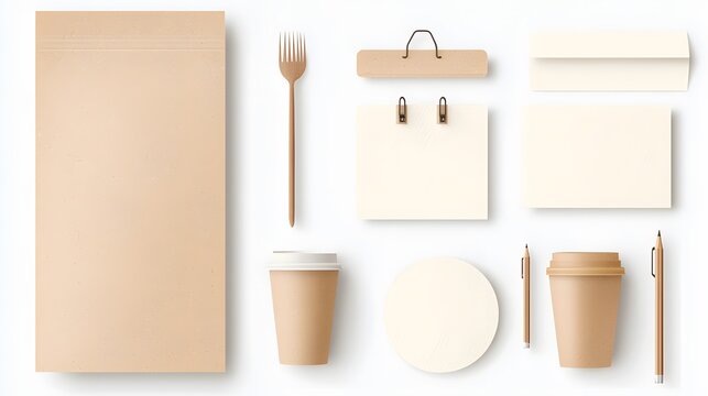 Flat Lay Branding Mockup Set with Sustainable Paper Stationery and Cups