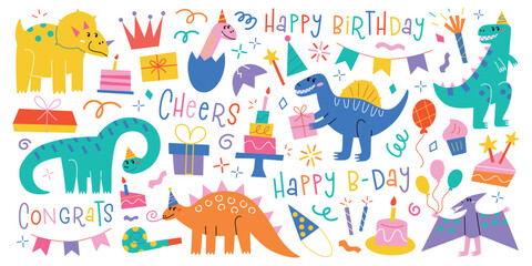 Cartoon set with funny dinosaurs and birthday party elements. Diplodocus and triceratops iwith cake, balloons, gifts vector illustrations, decoration icons and cute Happy Birthday lettering collection © Elena
