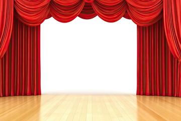 Red stage curtains open on a light wooden floor